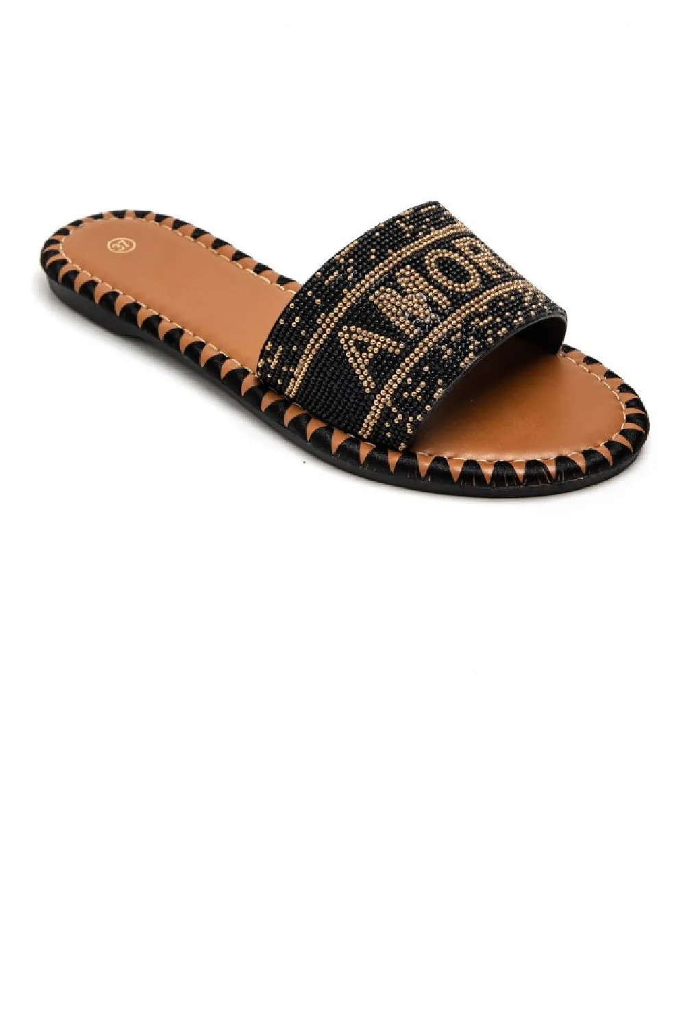 BLACK BEADED FLAT SLOGAN SLIDER SLIDES SANDALS