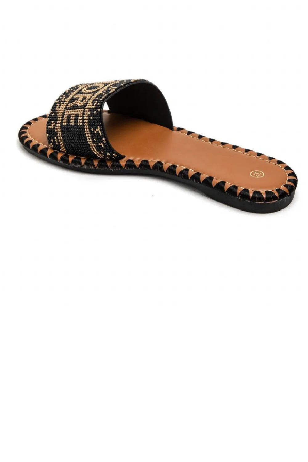 BLACK BEADED FLAT SLOGAN SLIDER SLIDES SANDALS