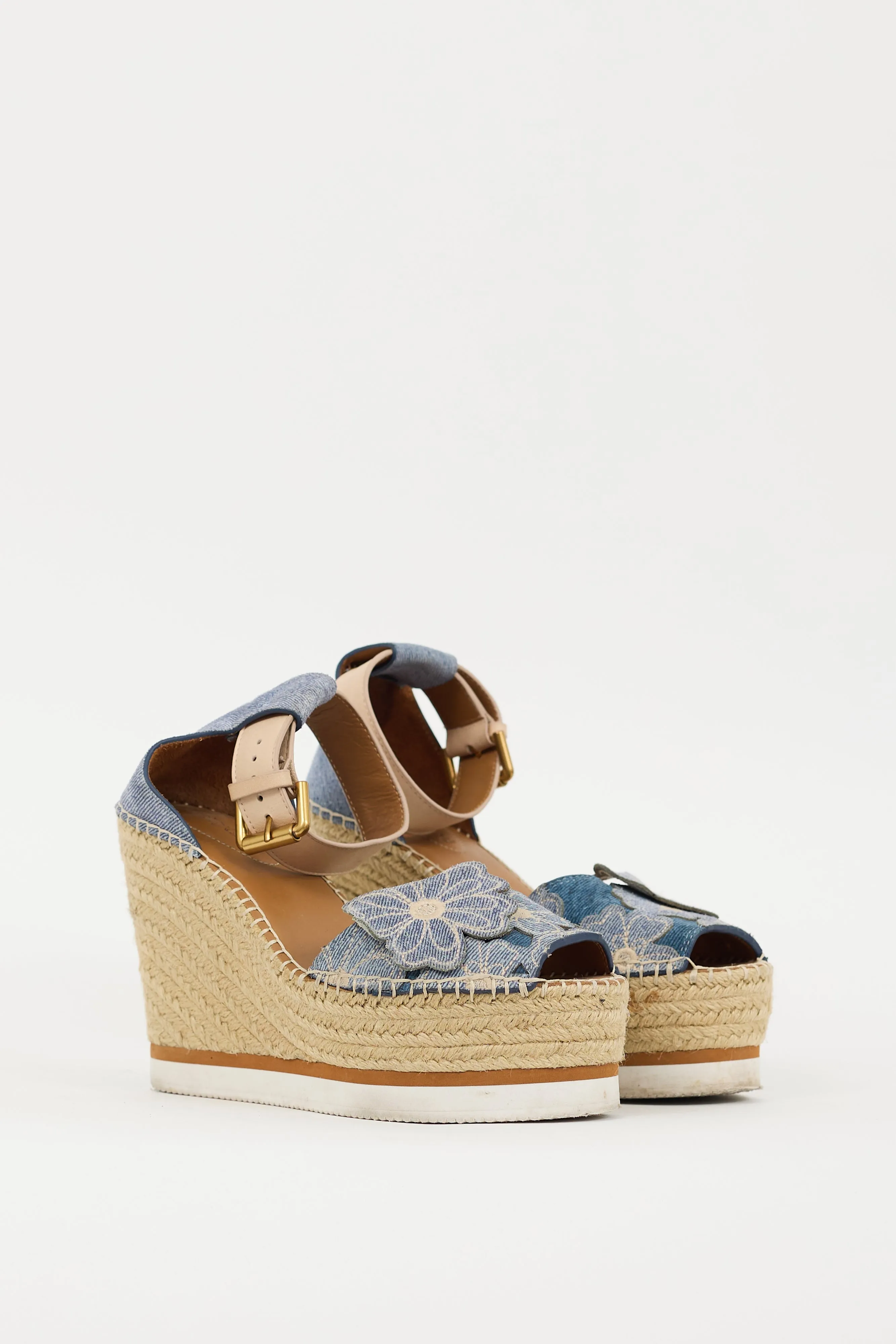 Blue Denim Floral Espadrille Wedge