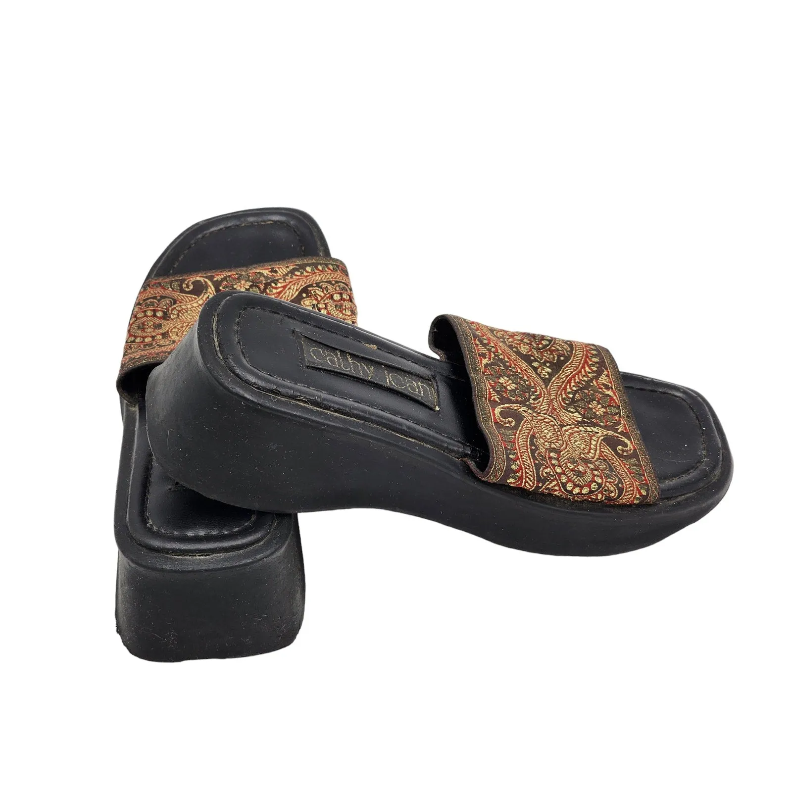 Cathy Jean Wedge Sandals Womens 7 Ethnic Print Embroidered Platform Boho Summer