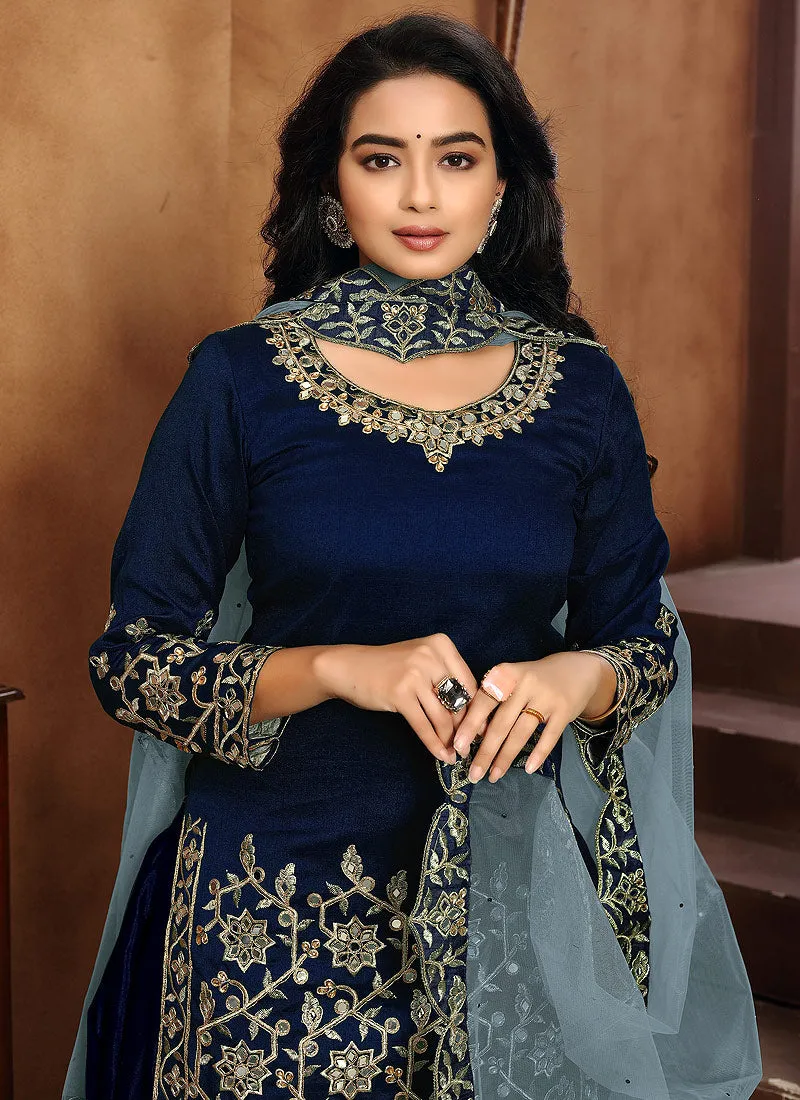 Navy Blue Embroidered Patiala Punjabi Suit