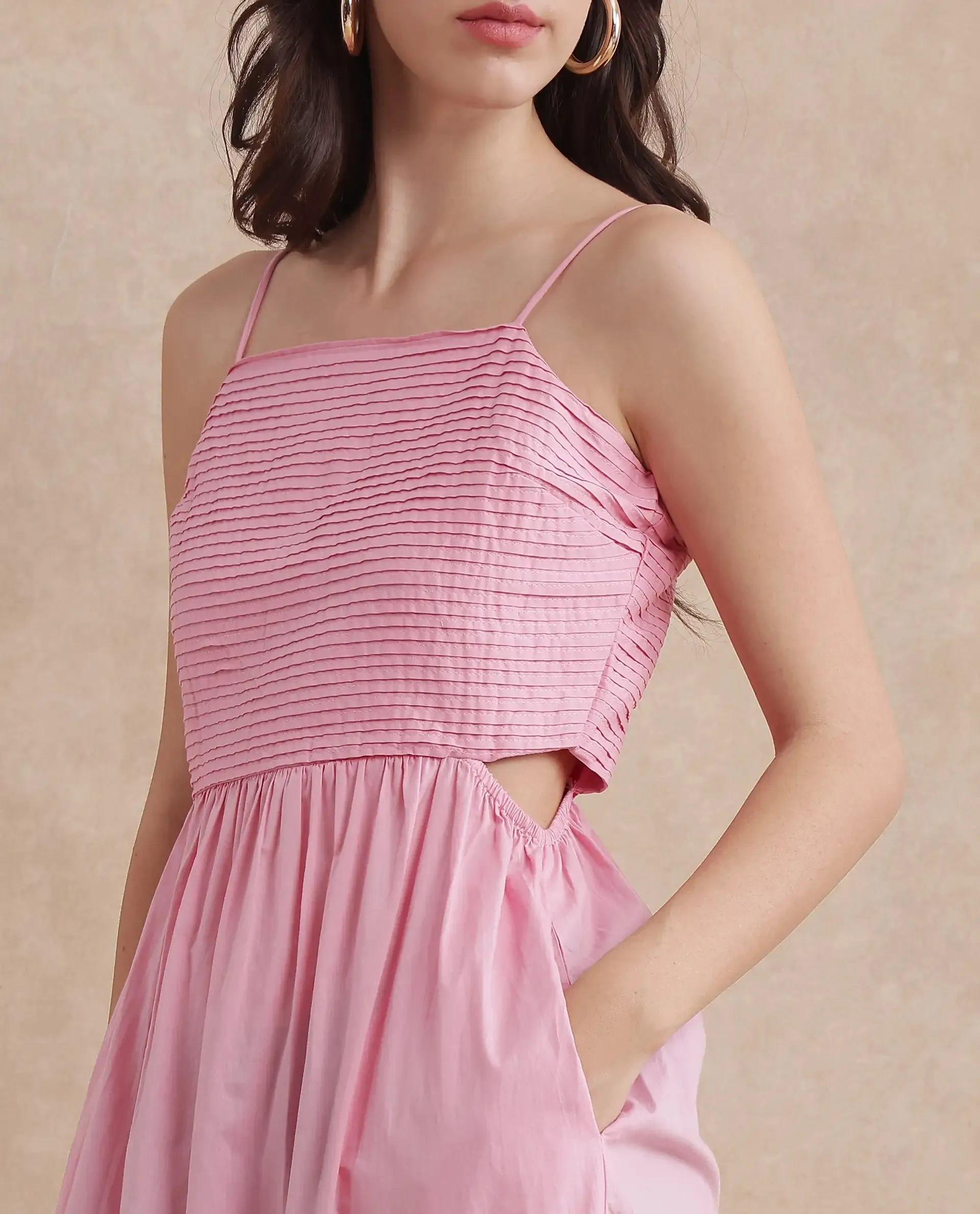 Rareism Women Schor Pink Cotton Fabric Sleeveless Shoulder Straps Zipper Closure Maxi Plain Dress