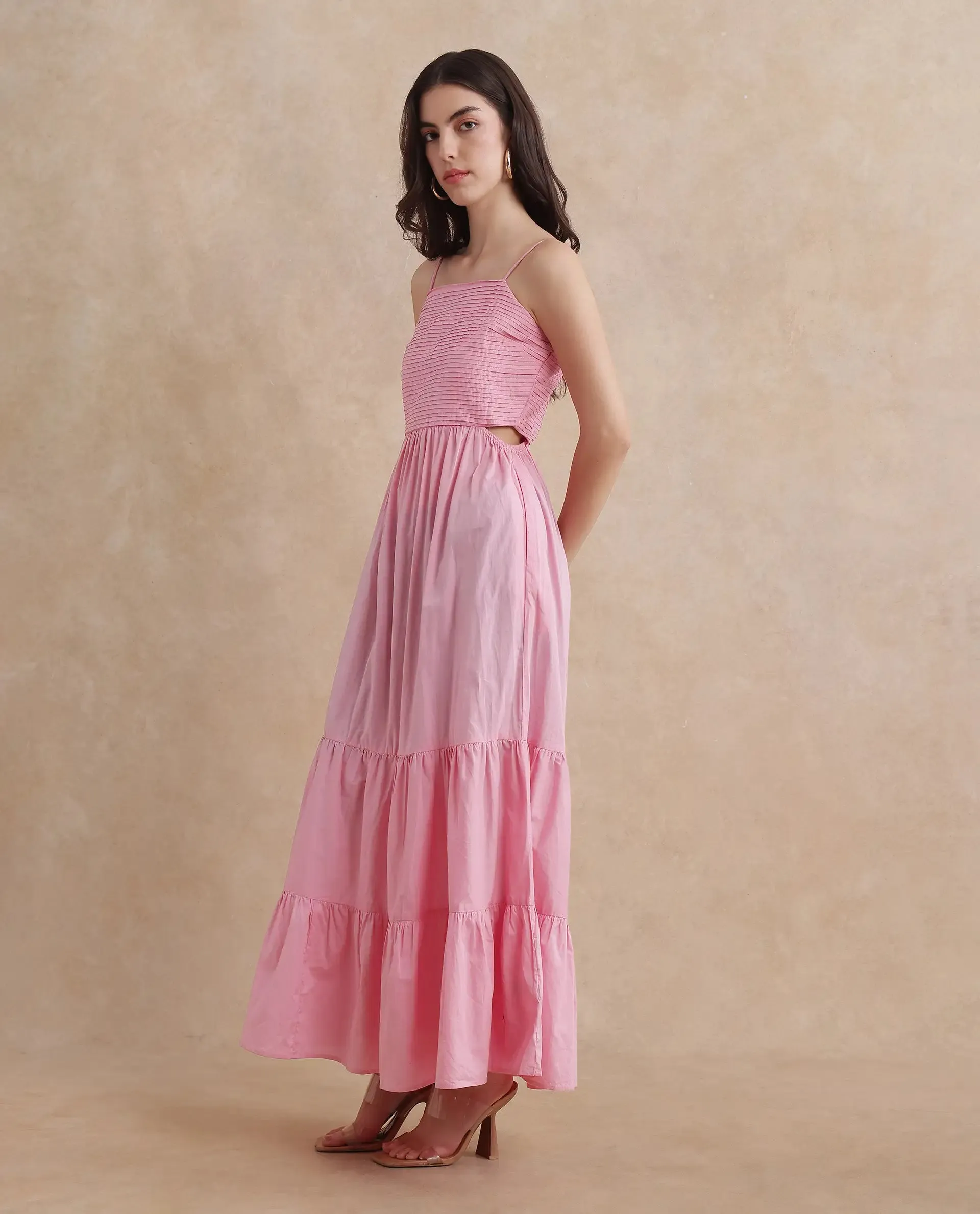 Rareism Women Schor Pink Cotton Fabric Sleeveless Shoulder Straps Zipper Closure Maxi Plain Dress