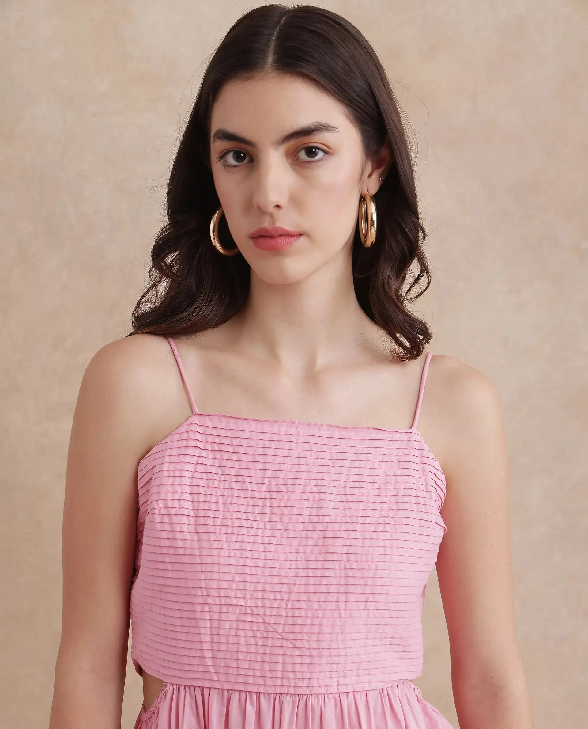 Rareism Women Schor Pink Cotton Fabric Sleeveless Shoulder Straps Zipper Closure Maxi Plain Dress