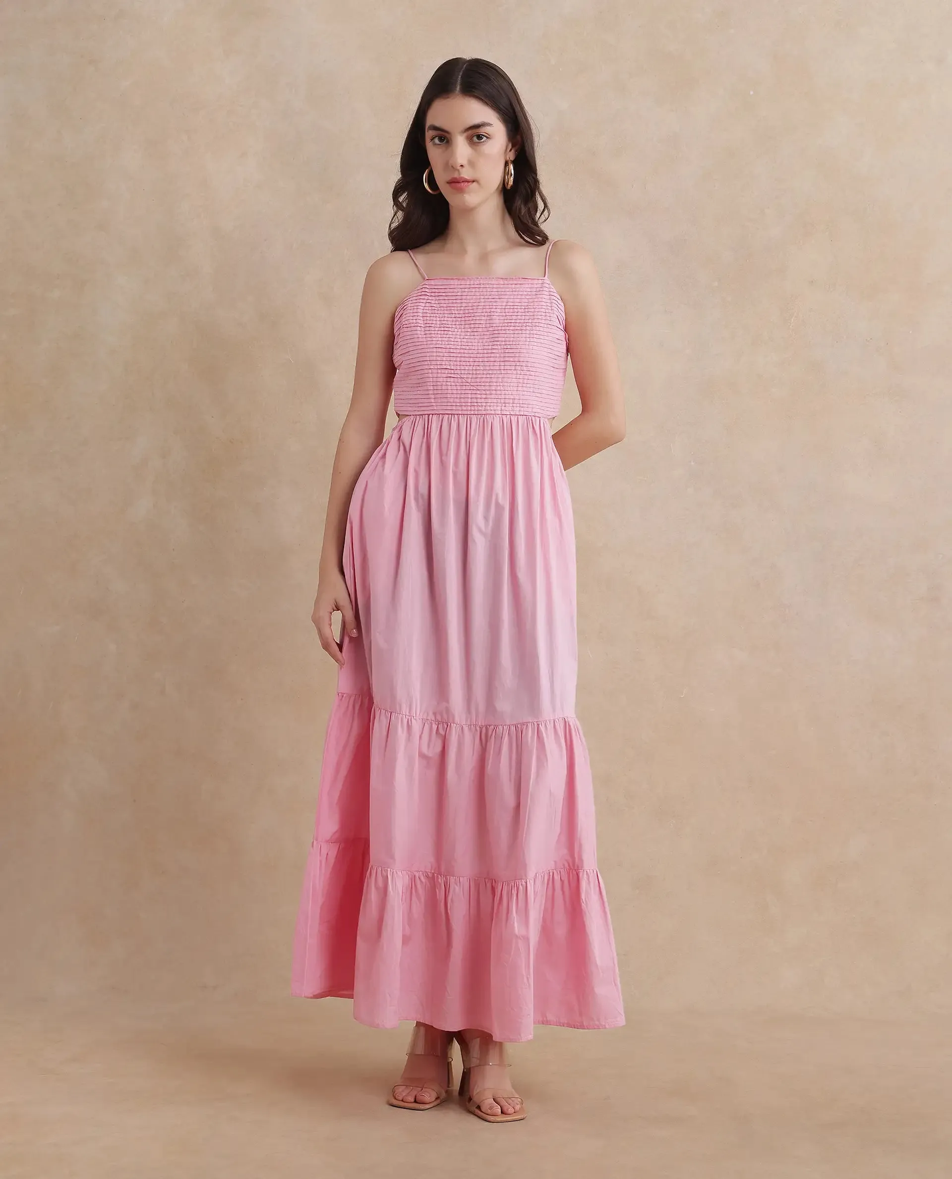 Rareism Women Schor Pink Cotton Fabric Sleeveless Shoulder Straps Zipper Closure Maxi Plain Dress