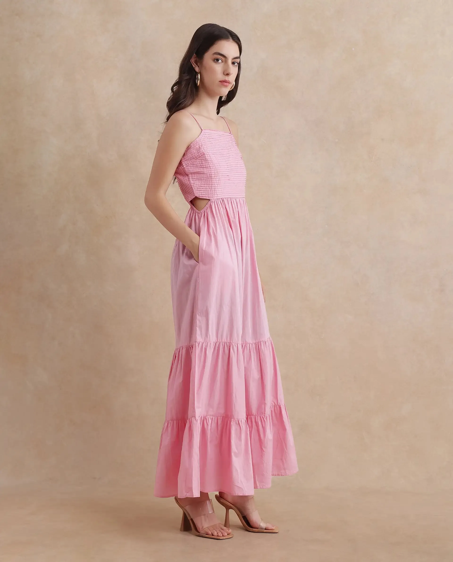 Rareism Women Schor Pink Cotton Fabric Sleeveless Shoulder Straps Zipper Closure Maxi Plain Dress