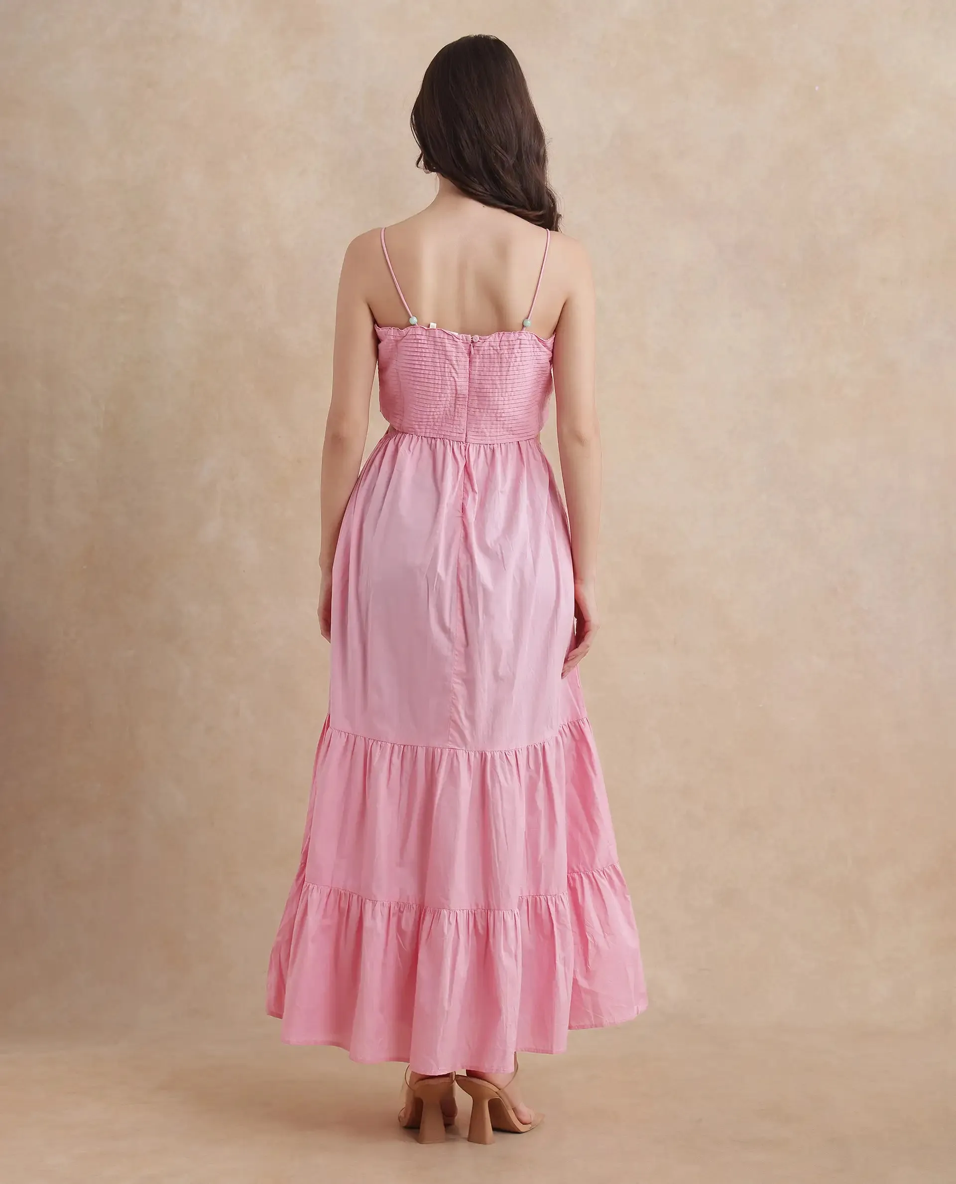 Rareism Women Schor Pink Cotton Fabric Sleeveless Shoulder Straps Zipper Closure Maxi Plain Dress