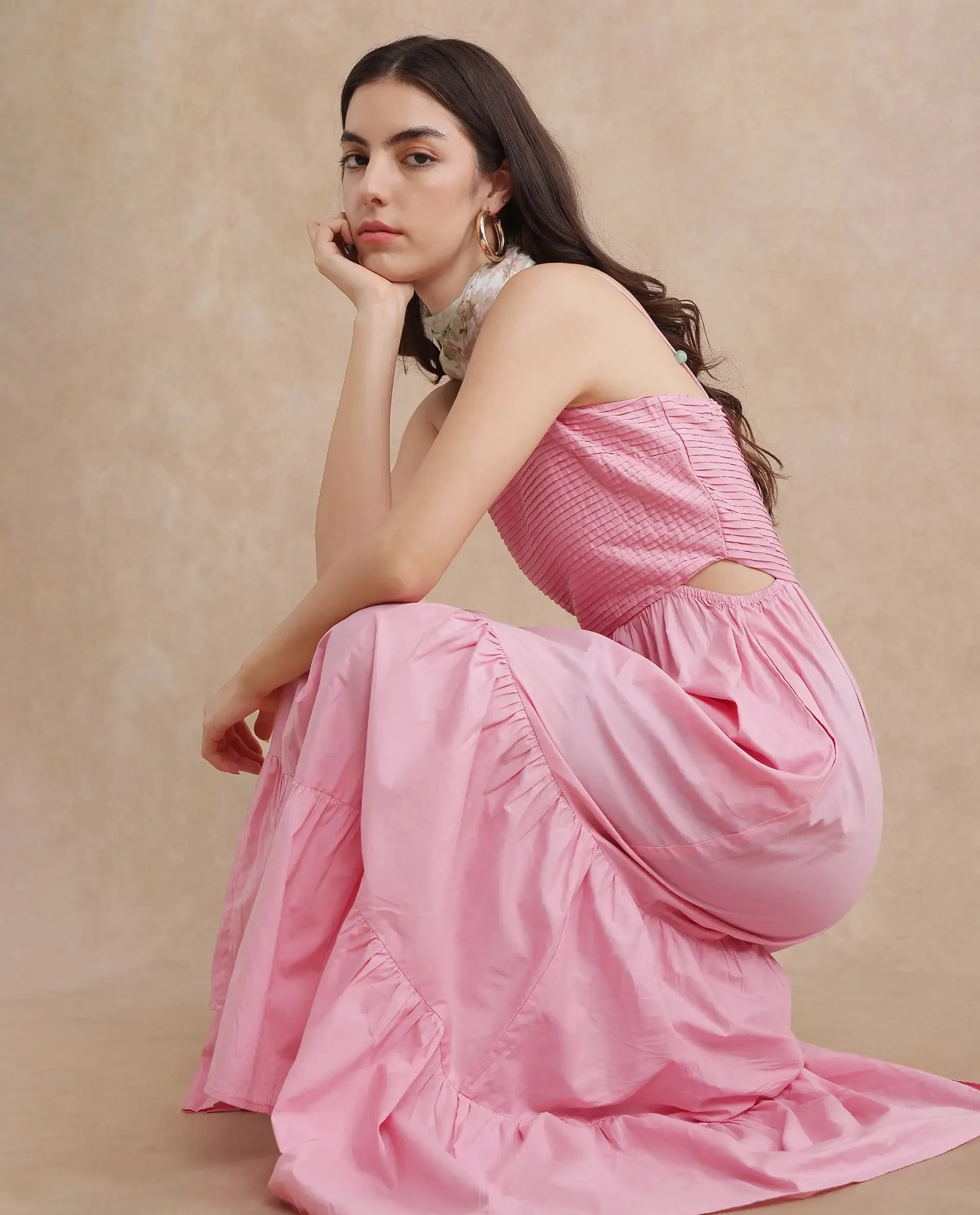 Rareism Women Schor Pink Cotton Fabric Sleeveless Shoulder Straps Zipper Closure Maxi Plain Dress