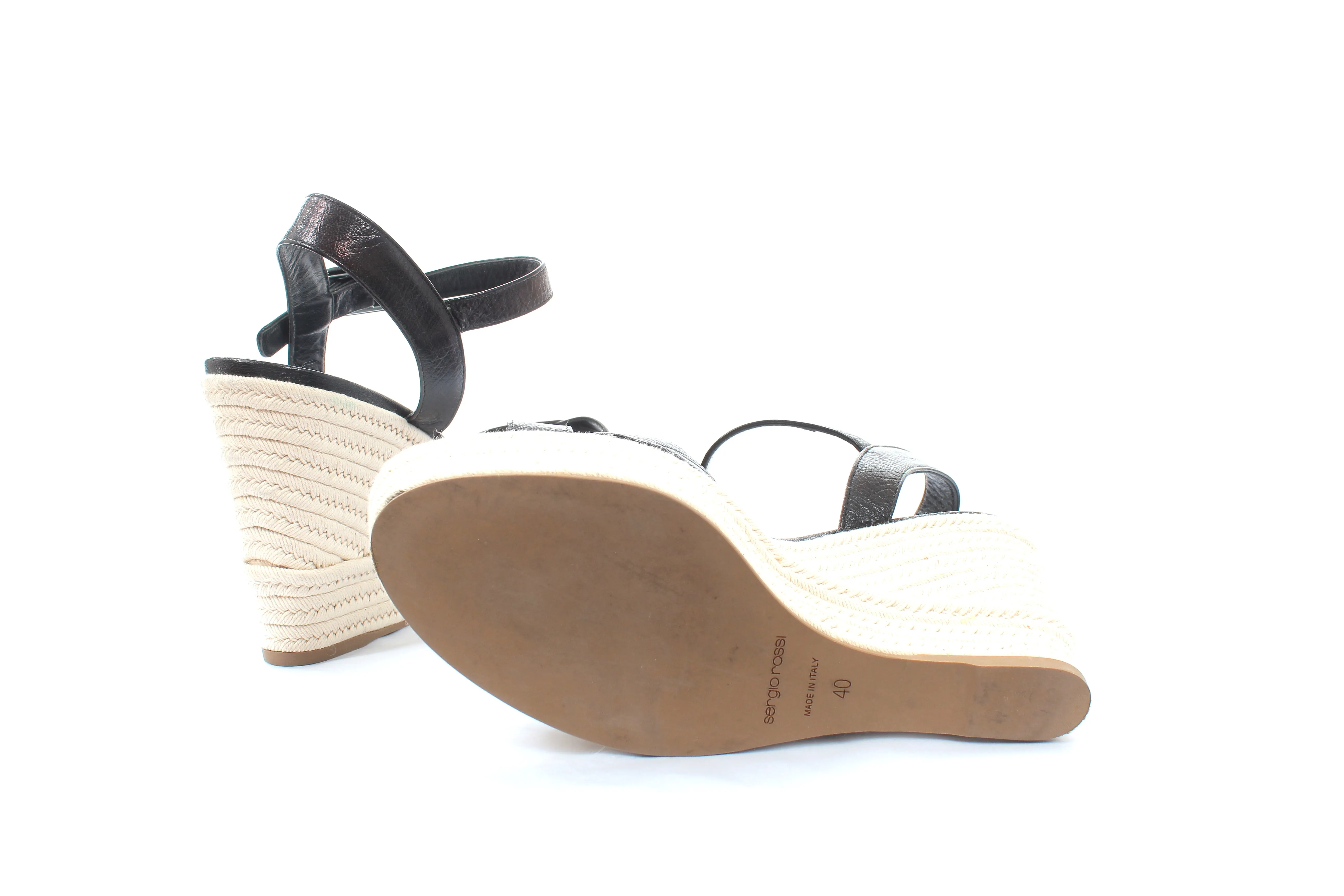 Sergio Rossi Leather Espadrille Wedge Sandals
